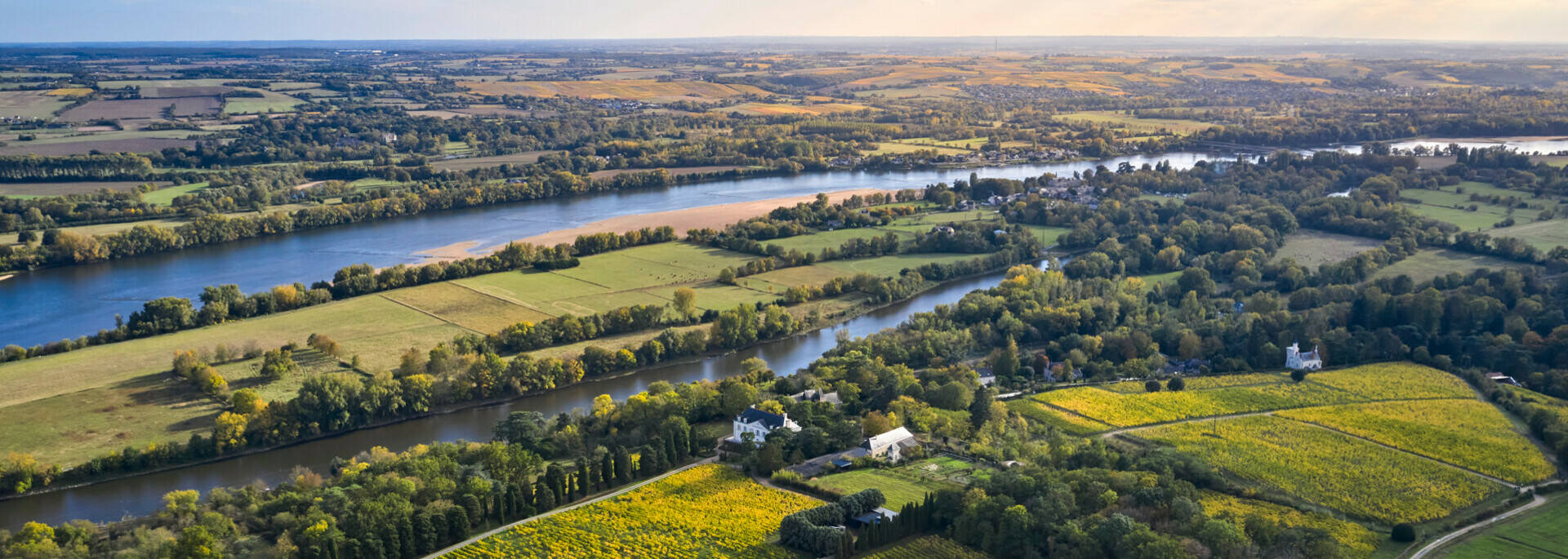 Aerial view of the vineyards of Savennières and the Loire, in early autumn