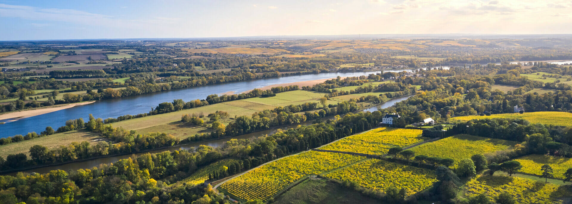 Aerial view of the Savennières vineyards and the Loire