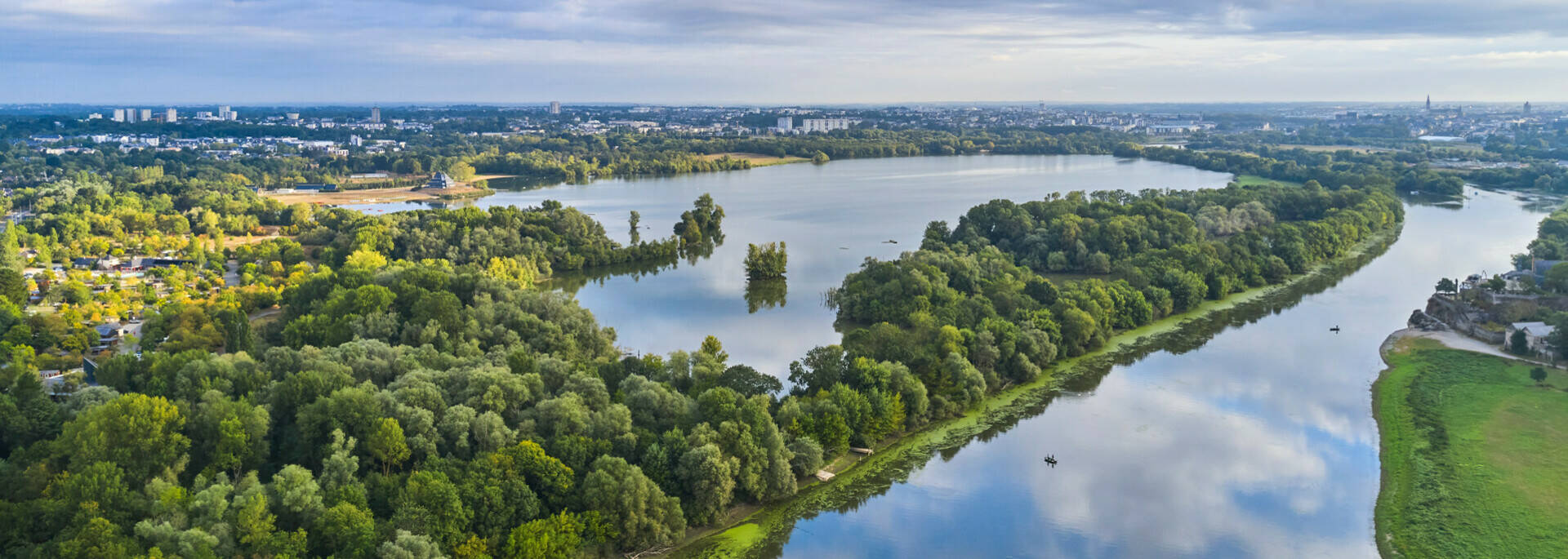 Aerial view on the lake of Maine with the city in the background