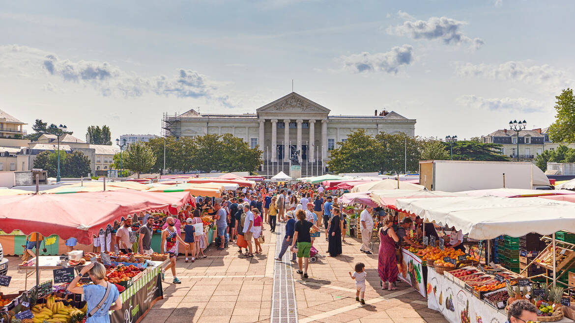 Gran plano del mercado y sus puestos, plaza Leclerc, con el palacio de justicia al fondo.