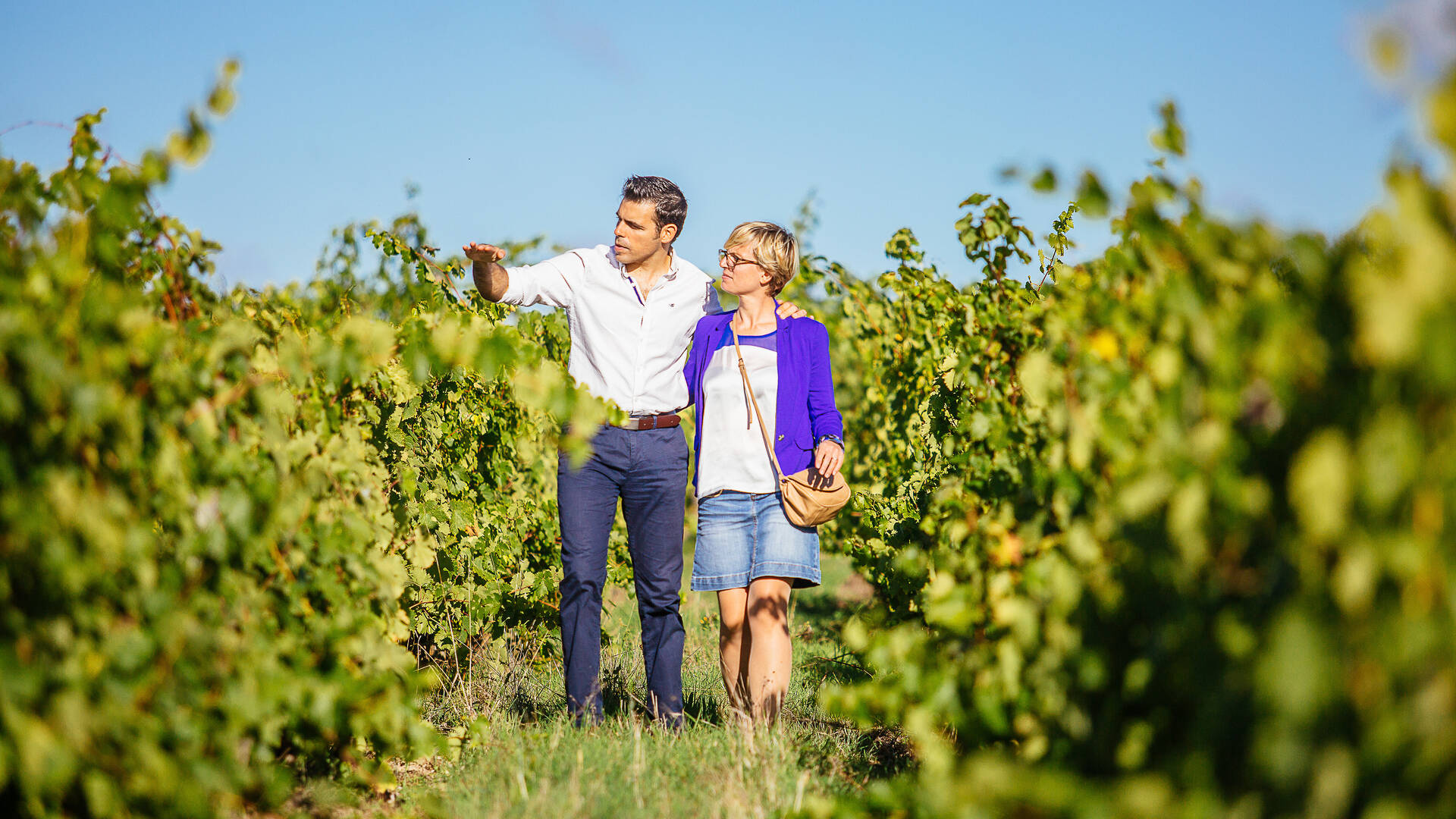 Couple strolling through the vineyards