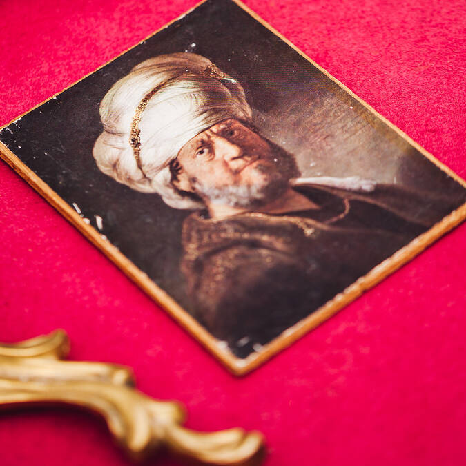 Close-up of a painting, portrait of a man circa 19th century