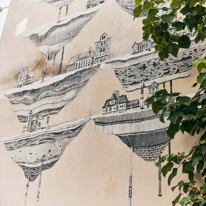 Street art fresco on a wall, rue de la parcheminerie and rue du mail in Angers